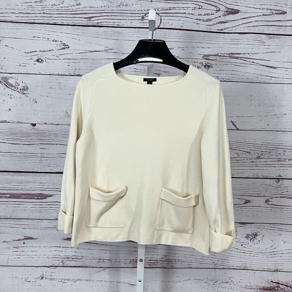 Ann Taylor Womens Medium Cream Sweater Knit Long Sleeve Pocket Minimalist